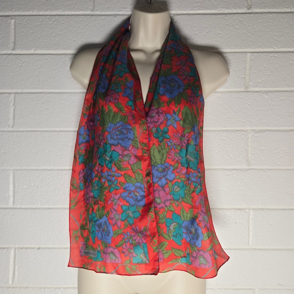 Vtg Sarah Coventry Silk Scarf Multicolor Colorful Floral Maximalism 9.5x53 Artsy